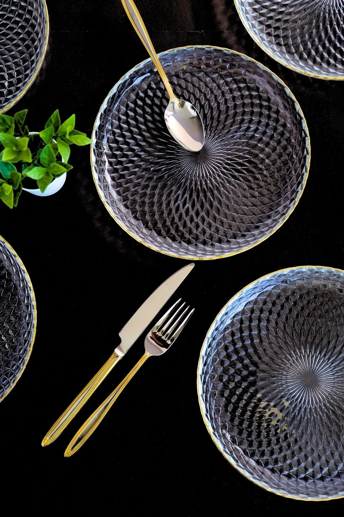 TABAK EVİ Altın Yaldız Cam Pasta Tabağı 19cm 6 lı 2339 - tabakevi Görsel 4