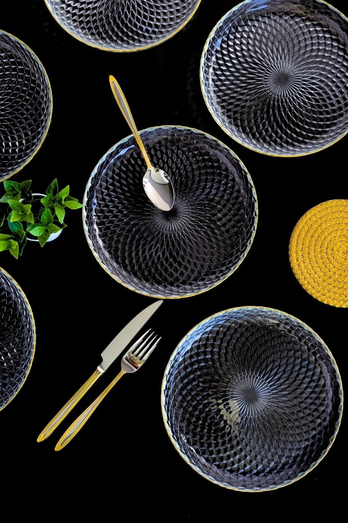 TABAK EVİ Altın Yaldız Cam Pasta Tabağı 19cm 6 lı 2339 - tabakevi Görsel 2