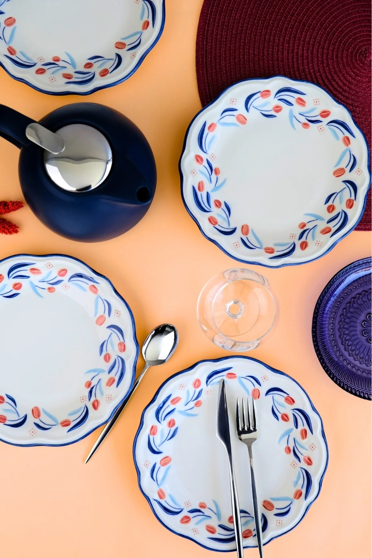 Tabak Evi Porselen Tulip Fulya Pasta Takımı Rimli 21cm 4 Kişilik 4 Parça Fly4ptprs1157 - tabakevi Görsel 2