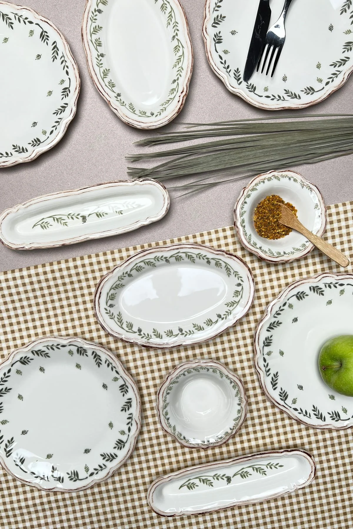 TABAK EVİ Stoneware Flower Green Kahvaltı Takımı 6 Kişilik 14 Parça - tabakevi Görsel 5