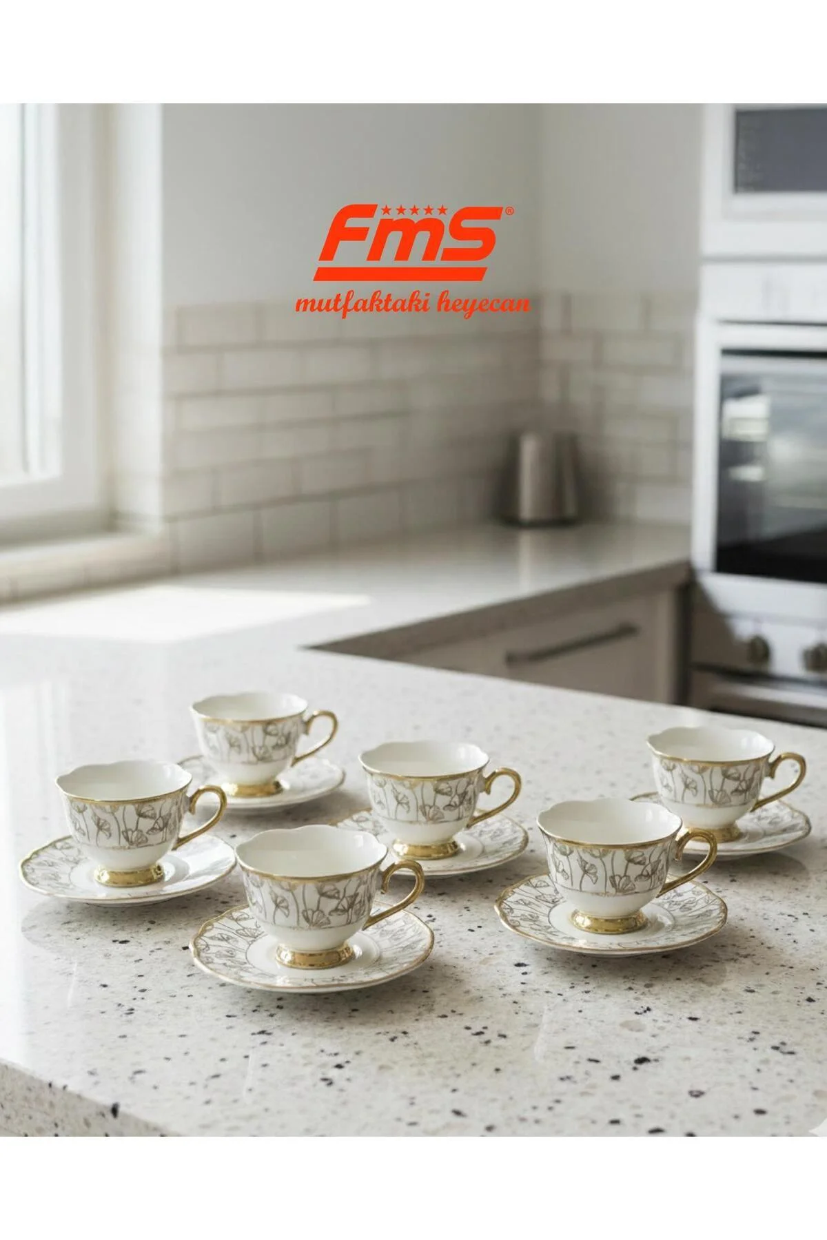|FMS Duru 6 Kişilik Kahve Fincan Takımı 1214 |Premium |Porselen | Altın Yaldızlı - FMS