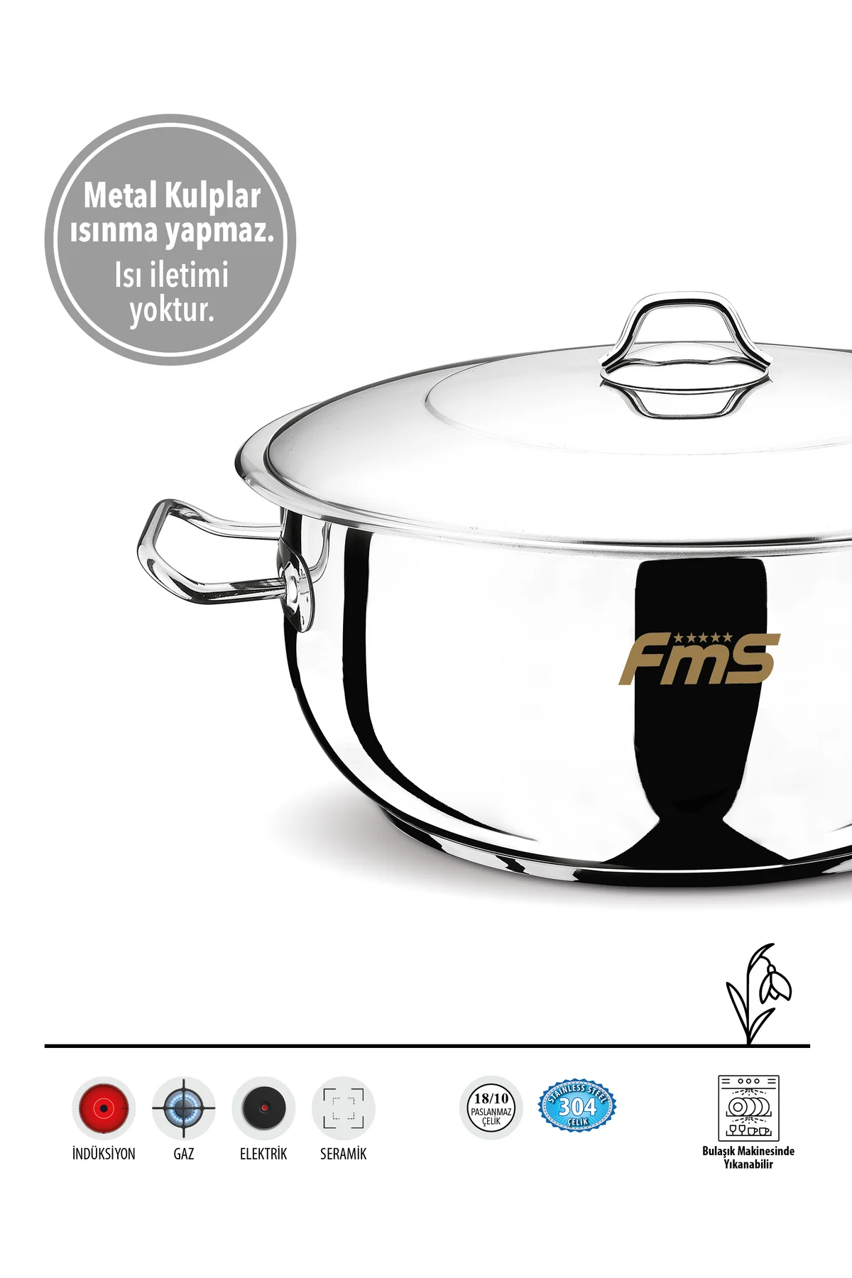 36 Cm Lüks Basık Çelik Tencere | 13.5 Litre | 18/10 Paslanmaz | İndüksiyon Taban - FMS Görsel 3