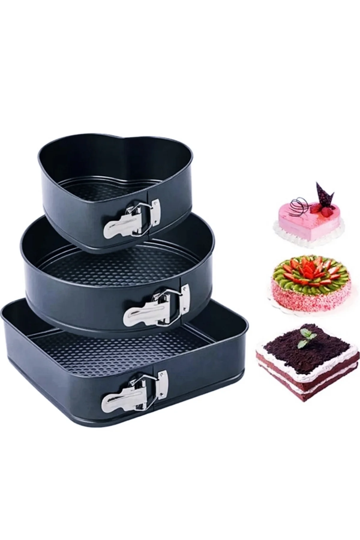 3’Lü Kelepçeli Kek Kalıbı / 3 Boy Kalp, Kare, Yuvarlak Metal Kek Kalıbı Seti