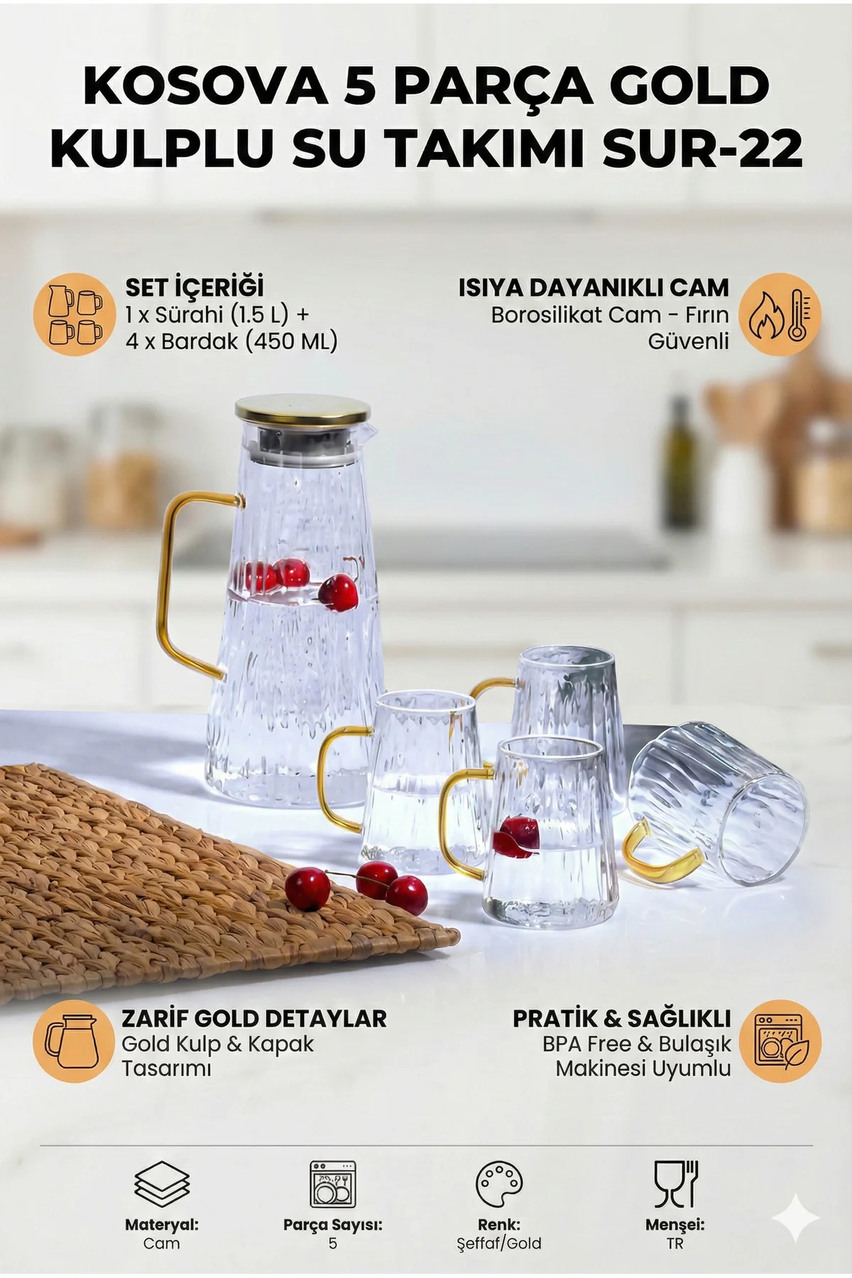 5 Parça Gold Kulplu Uzun Form Borosilikat Cam Sürahi ve Bardak Seti 1.5 Lt - Kosova Görsel 2