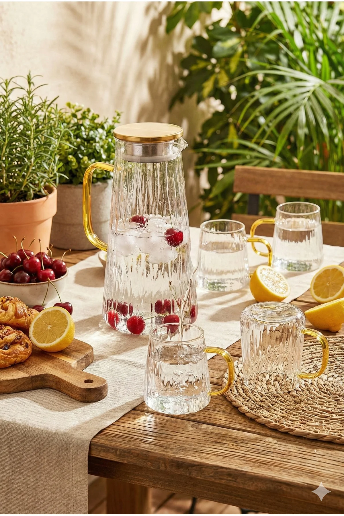 5 Parça Gold Kulplu Uzun Form Borosilikat Cam Sürahi ve Bardak Seti 1.5 Lt