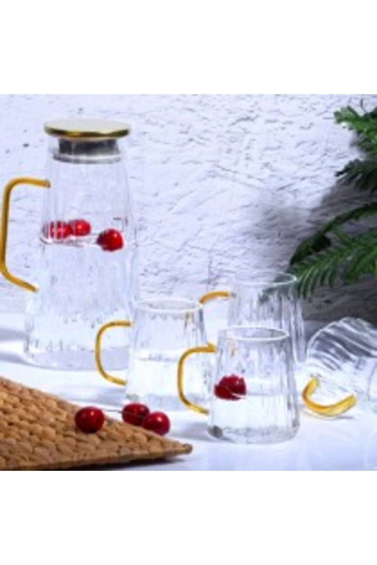 5 Parça Gold Kulplu Uzun Form Borosilikat Cam Sürahi ve Bardak Seti 1.5 Lt - Kosova Görsel 4