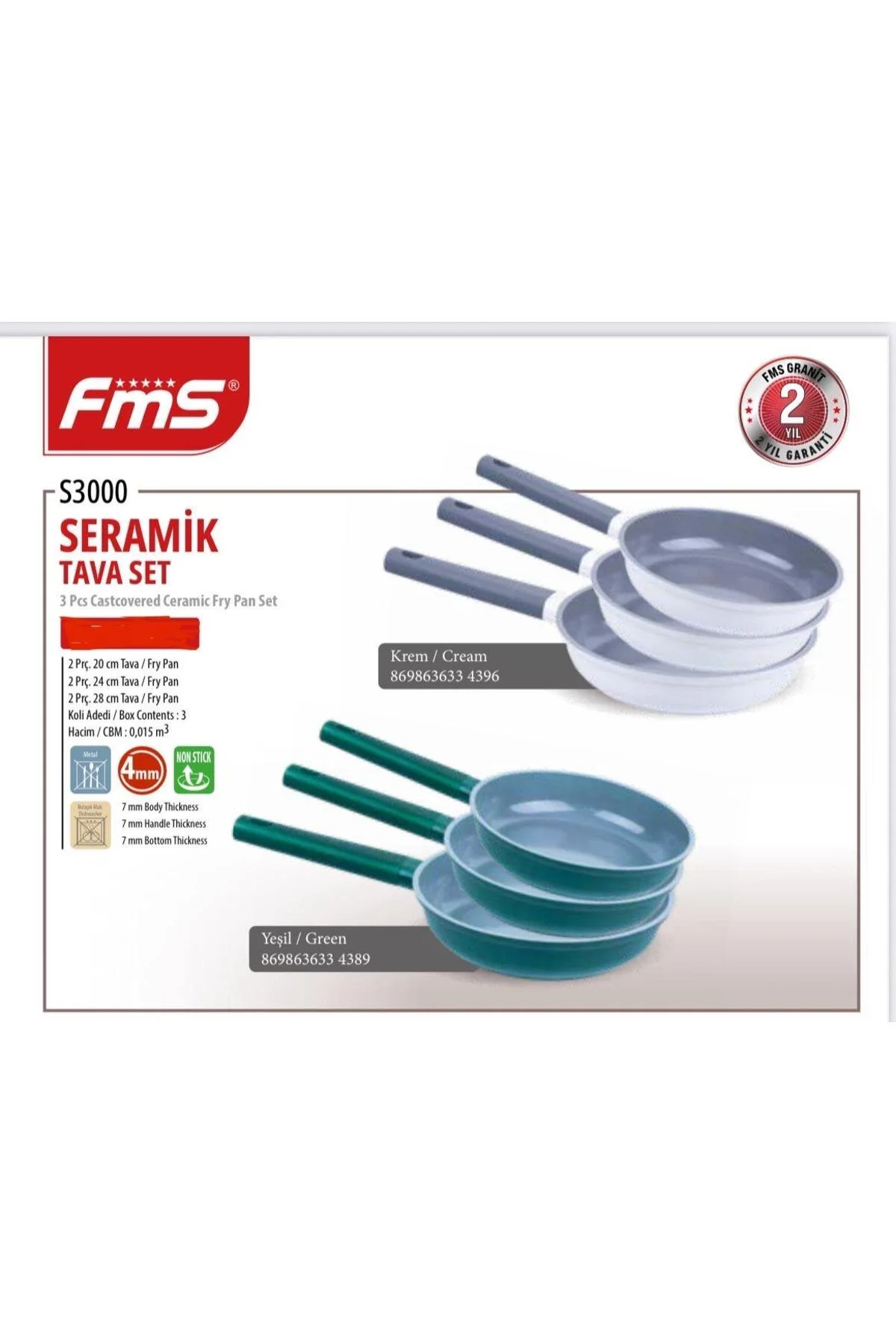 3’lü Seramik Tava Seti Yeşil | 20-24-28 cm | 4 mm Kalınlık | Yapışmaz Yüzey | Sağlıklı Pişirme
