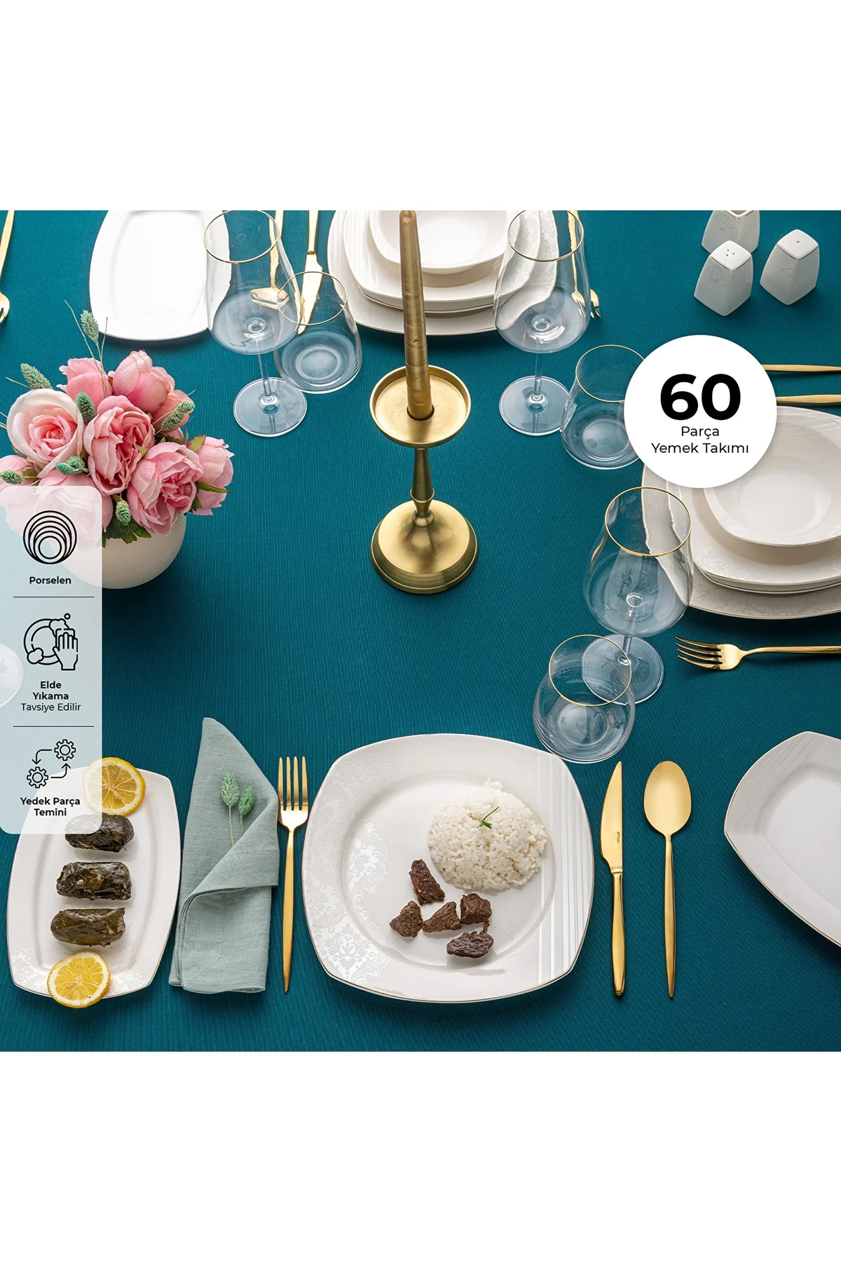 Bone Yeni Nilüfer 60 Parça 12 Kişilik Yemek Takımı Yarım Kare - Emsan Görsel 2