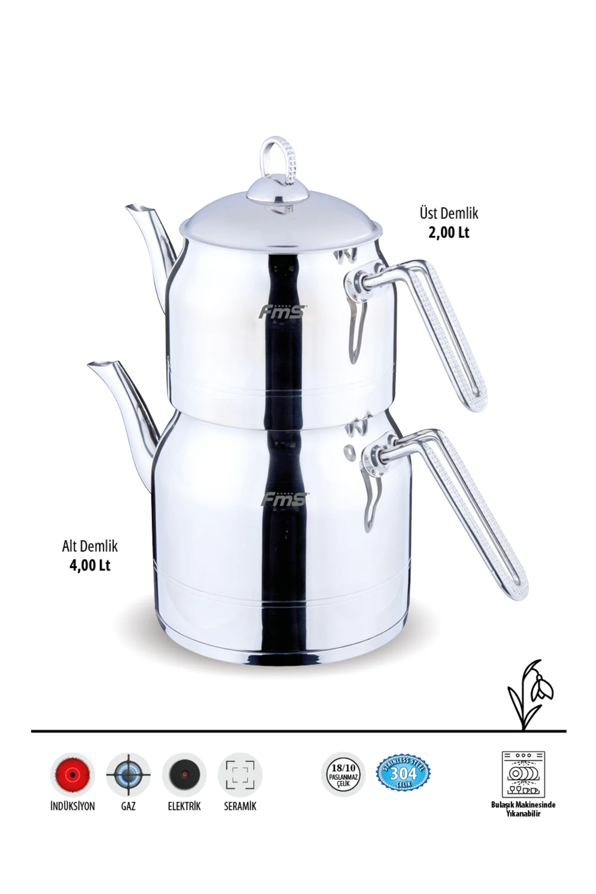 Daisy Jumbo Boy 18/10 Çelik Çaydanlık | İndüksiyon Taban | Ergonomik Sap | 2 L+ 4 L - FMS Görsel 2