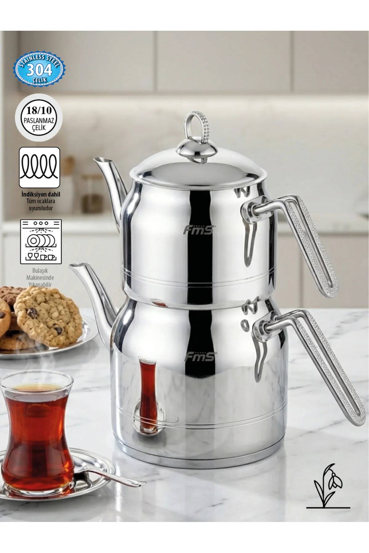 Daisy Jumbo Boy 18/10 Çelik Çaydanlık | İndüksiyon Taban | Ergonomik Sap | 2 L+ 4 L