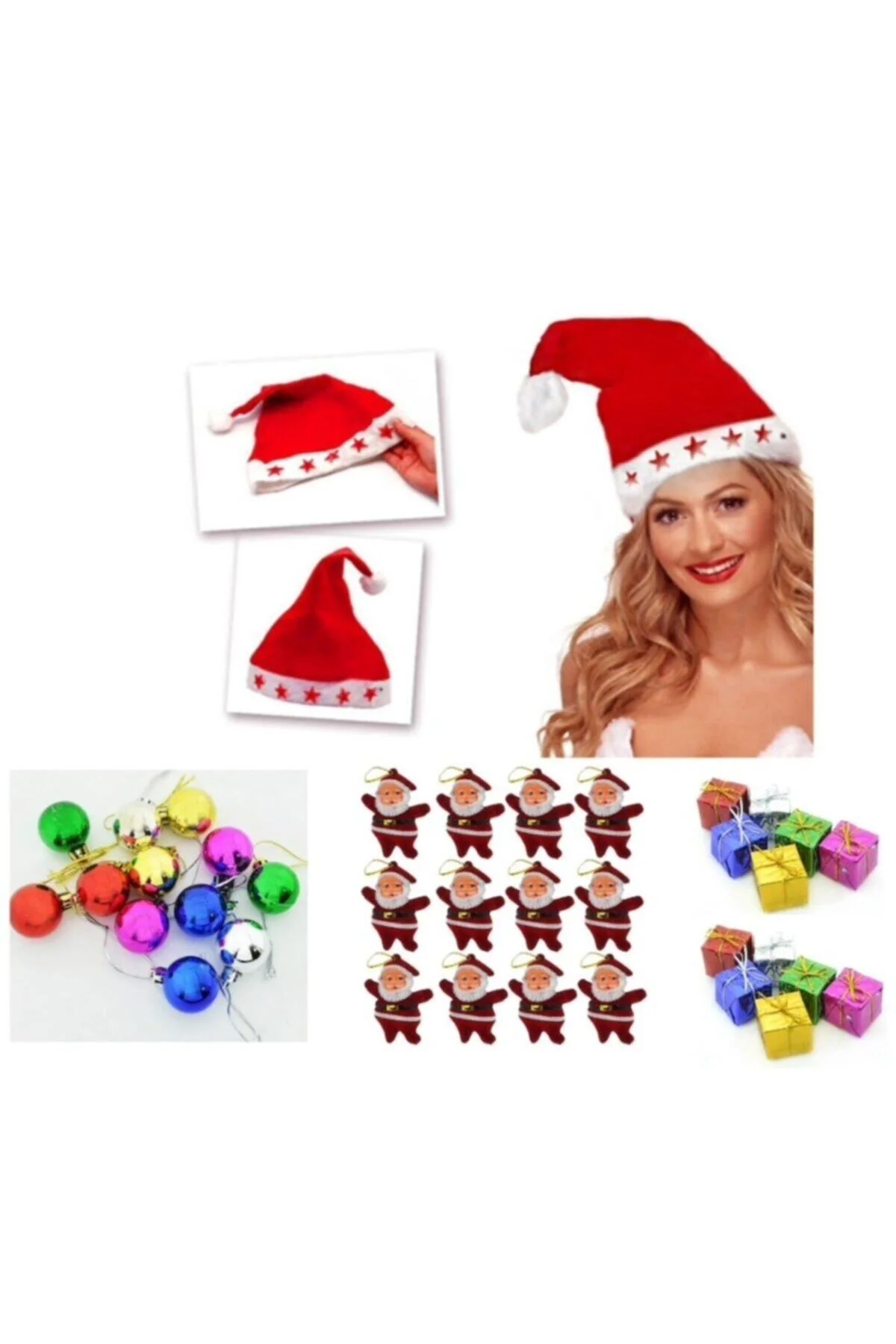 Yılbaşı Ağaç Süsü 36 Süs + Işıklı Noel Baba Şapkası