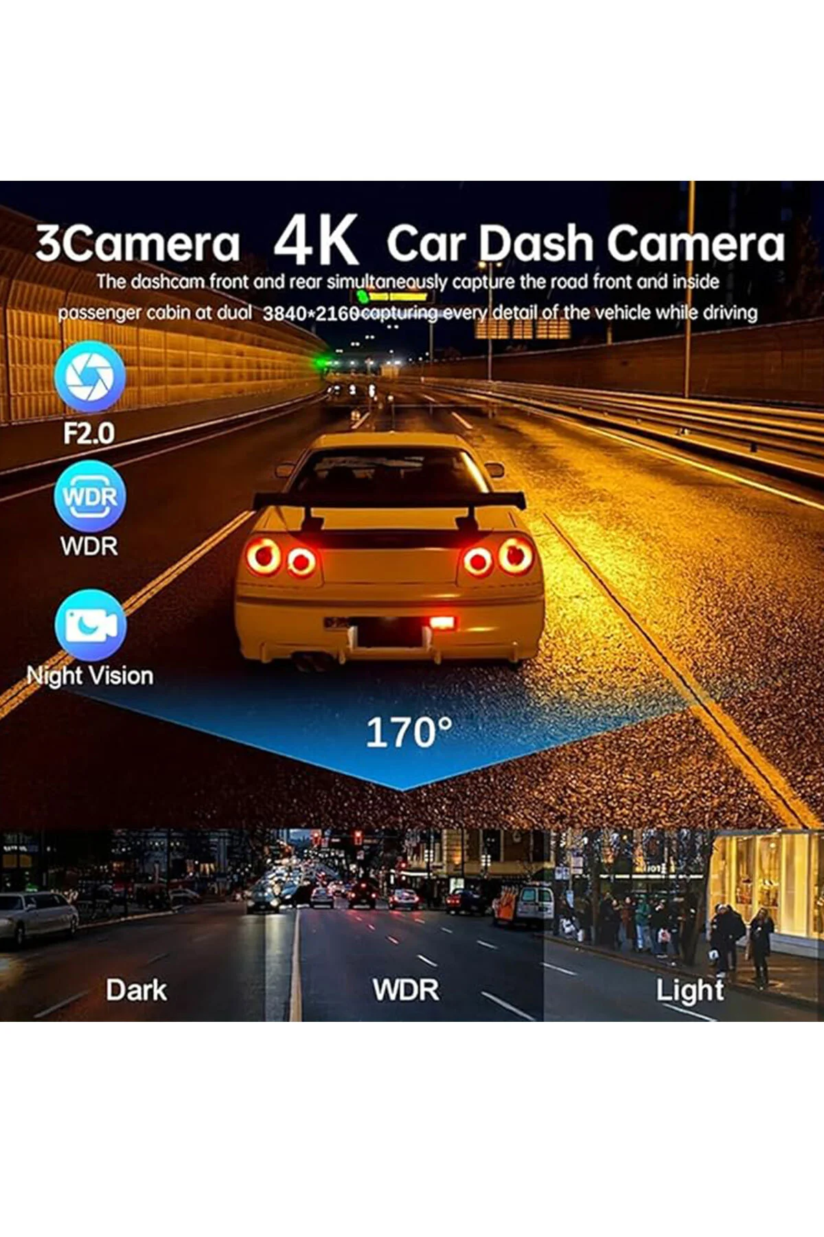 3 Kameralı 4K 360° Araç İçi Kamera Gece Görüşlü Ön Arka İç Kamerası Wifi - pazariz Görsel 2