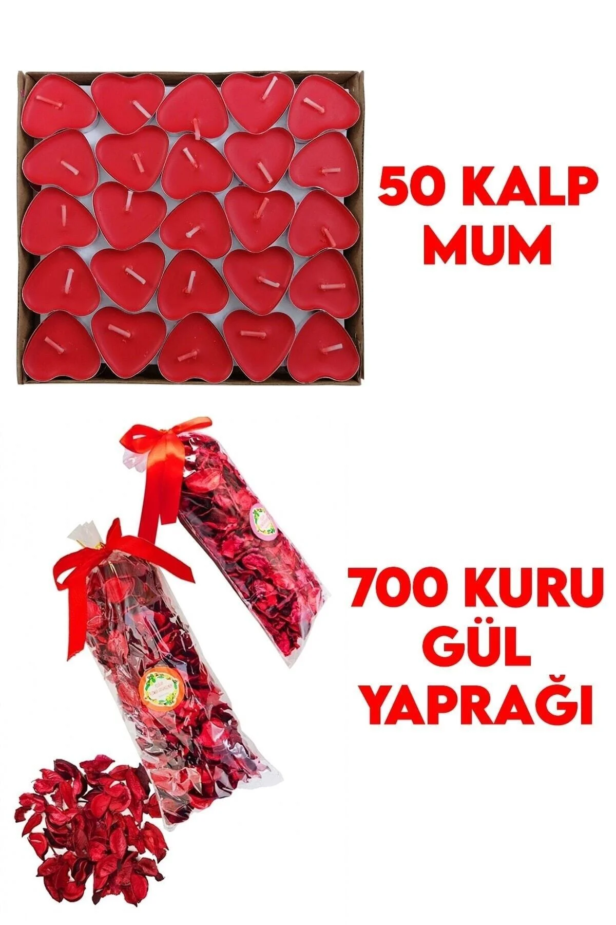 50 Mum + 700 Kuru Gül Yaprağı, Kalpli Mum Ve Kuru Gül Yaprakları
