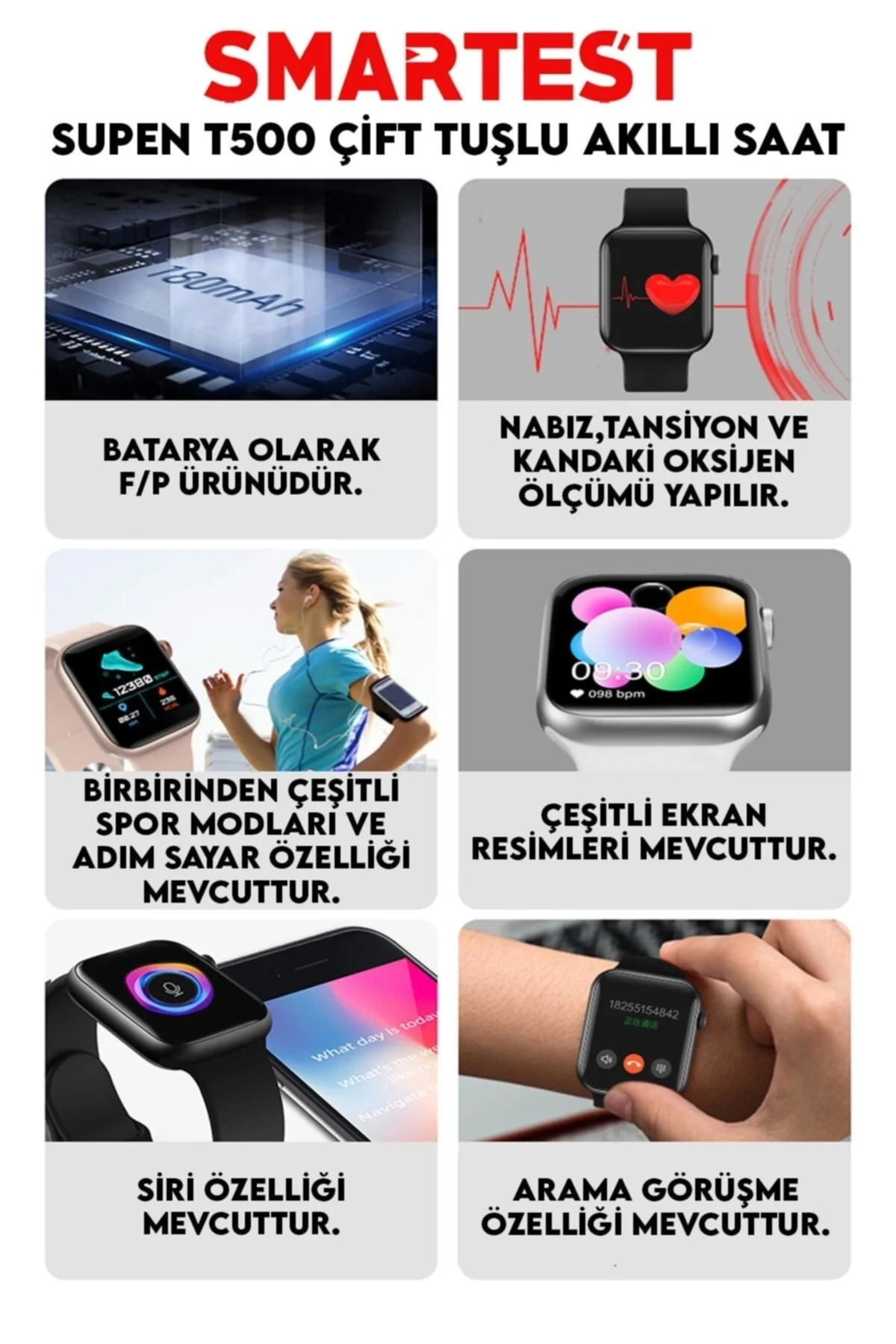Supen Son Sürüm T500 Çift Tuş Akıllı Saat Ios Andorid Destekli Arama Özelliği Sensörlü - pazariz Görsel 3