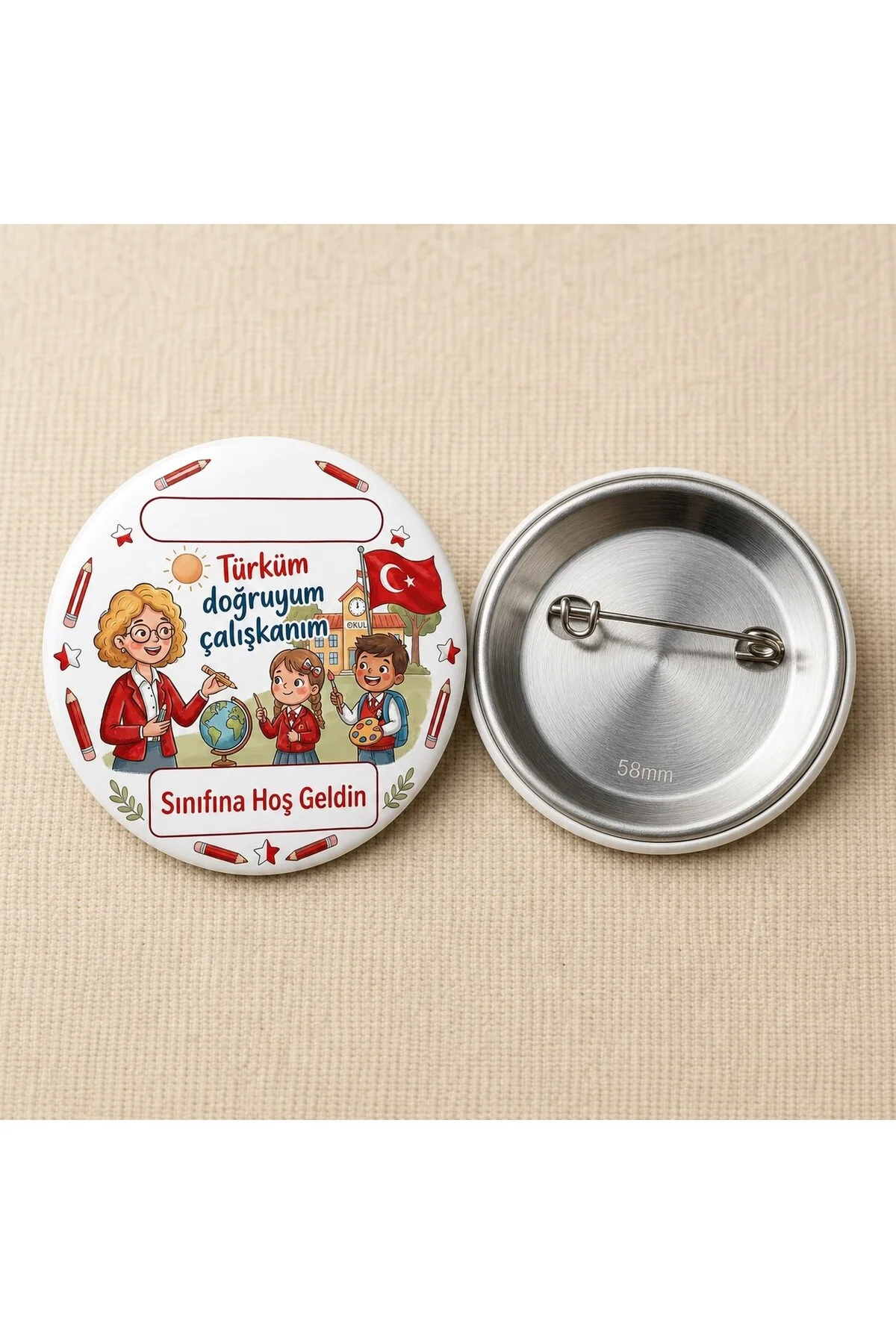 Türküm Doğruyum Çalışkanım - Kırmızı - Okul ve Öğrenci Temalı 58mm İğneli Metal Buton Rozet