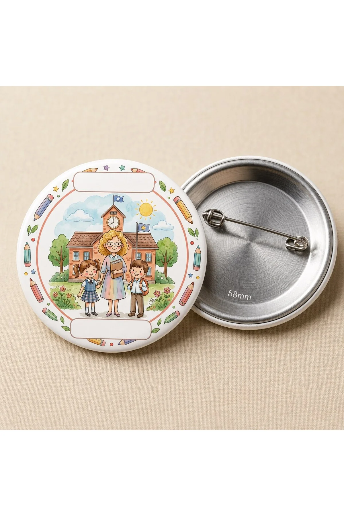 Öğretmen ve Öğrenci - Okul ve Öğrenci Temalı 58mm İğneli Metal Buton Rozet