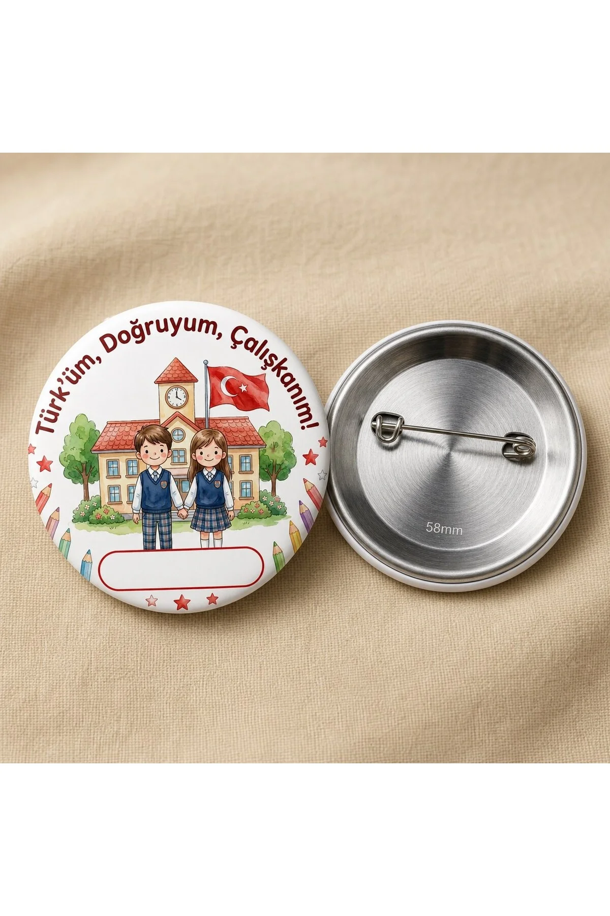 Türküm Doğruyum Çalışkanım - Lacivert Üniforma - Okul ve Öğrenci Temalı 58mm İğneli Metal Buton Roz