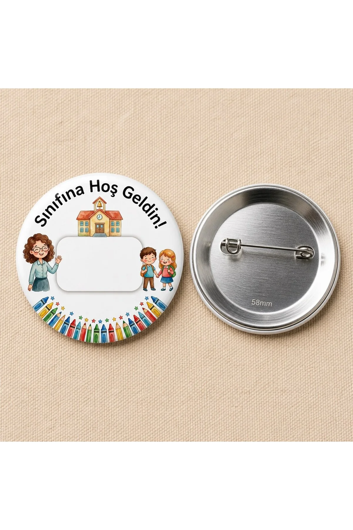 Sınıfına Hoş Geldin - Okul ve Öğrenci Temalı 58mm İğneli Metal Buton Rozet