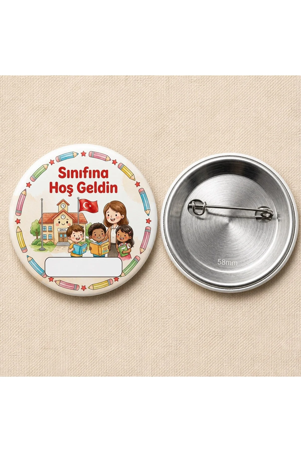 Sınıfına Hoş Geldin - Türk Bayraklı - Okul ve Öğrenci Temalı 58mm İğneli Metal Buton Rozet