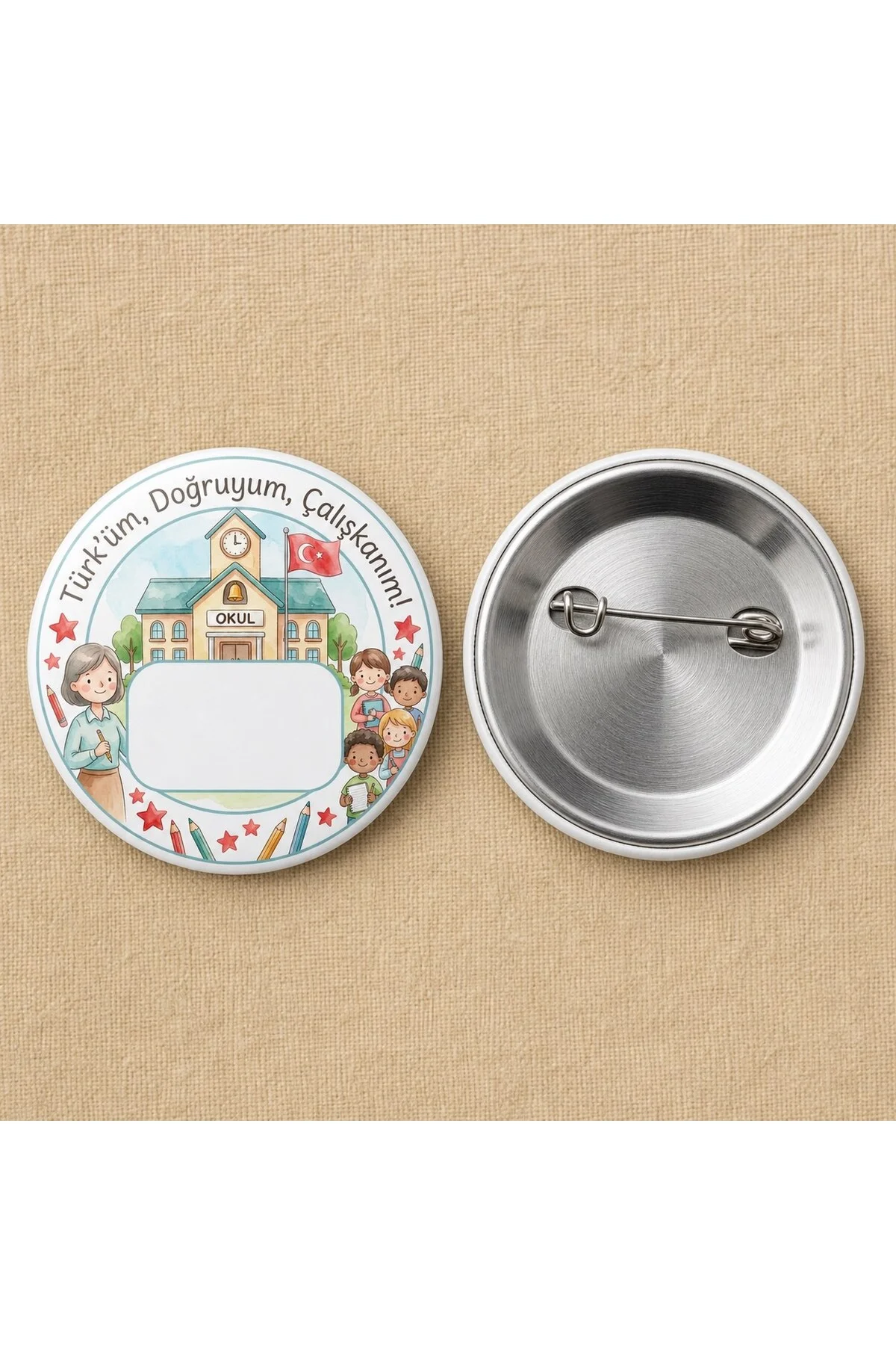 Türküm Doğruyum Çalışkanım - Açık Mavi - Okul ve Öğrenci Temalı 58mm İğneli Metal Buton Rozet