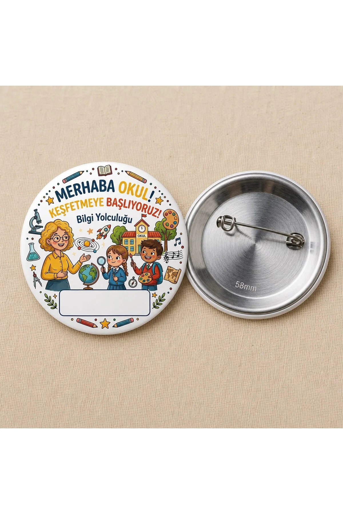 Merhaba Okul - Bilgi Yolculuğu Mini - Okul ve Öğrenci Temalı 58mm İğneli Metal Buton Rozet
