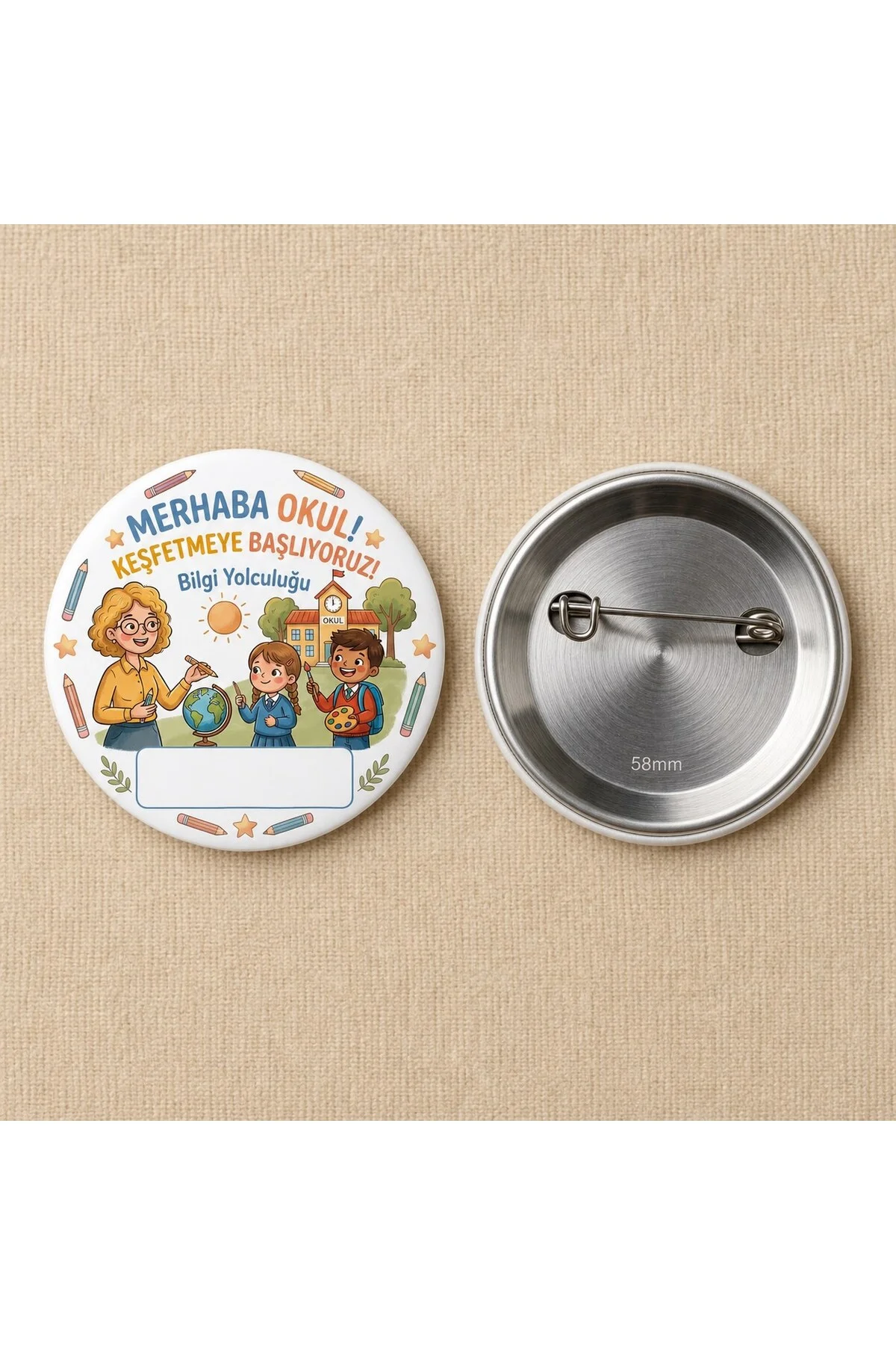 Merhaba Okul - Bilgi Yolculuğu - Okul ve Öğrenci Temalı 58mm İğneli Metal Buton Rozet