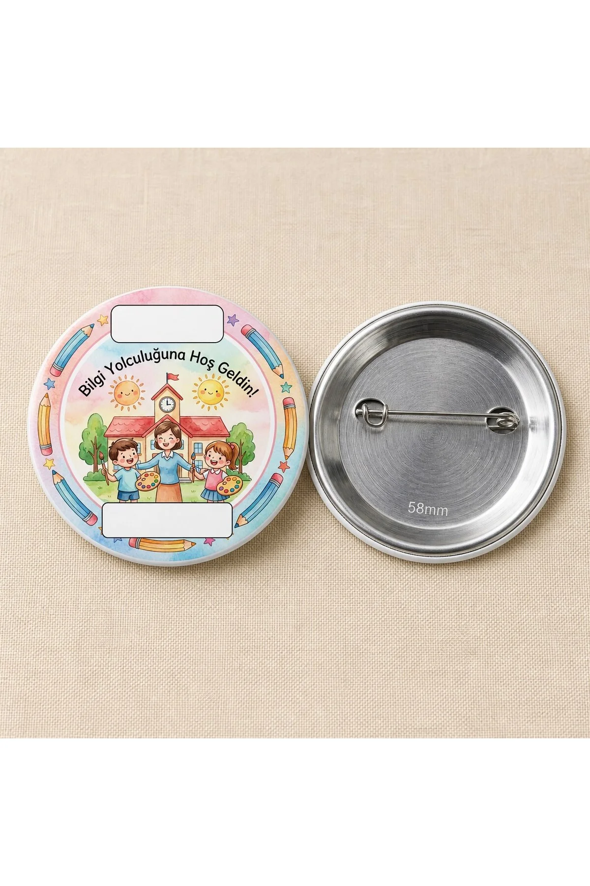 Bilgi Yolculuğuna Hoş Geldin - Pastel - Okul ve Öğrenci Temalı 58mm İğneli Metal Buton Rozet