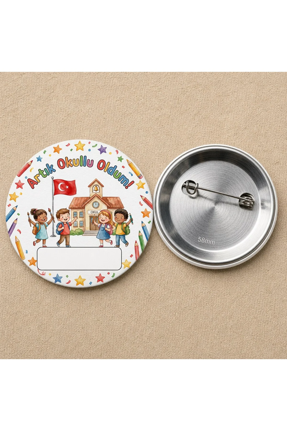 Artık Okullu Oldum - Yıldızlı - Okul ve Öğrenci Temalı 58mm İğneli Metal Buton Rozet