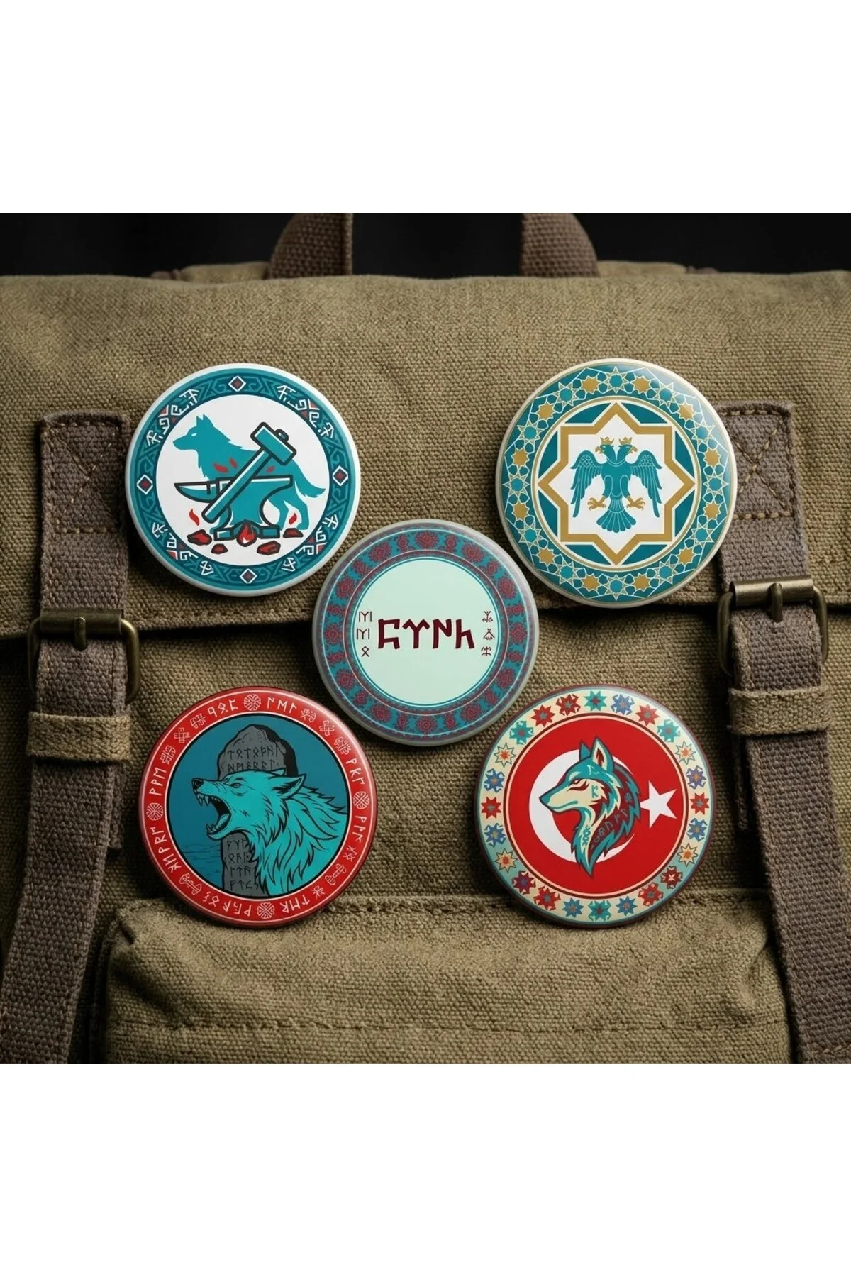 Bozkurt Göktürkçe Türk Ay Yıldız Özel Set 5'li Paket 58mm Buton Rozeti Seti