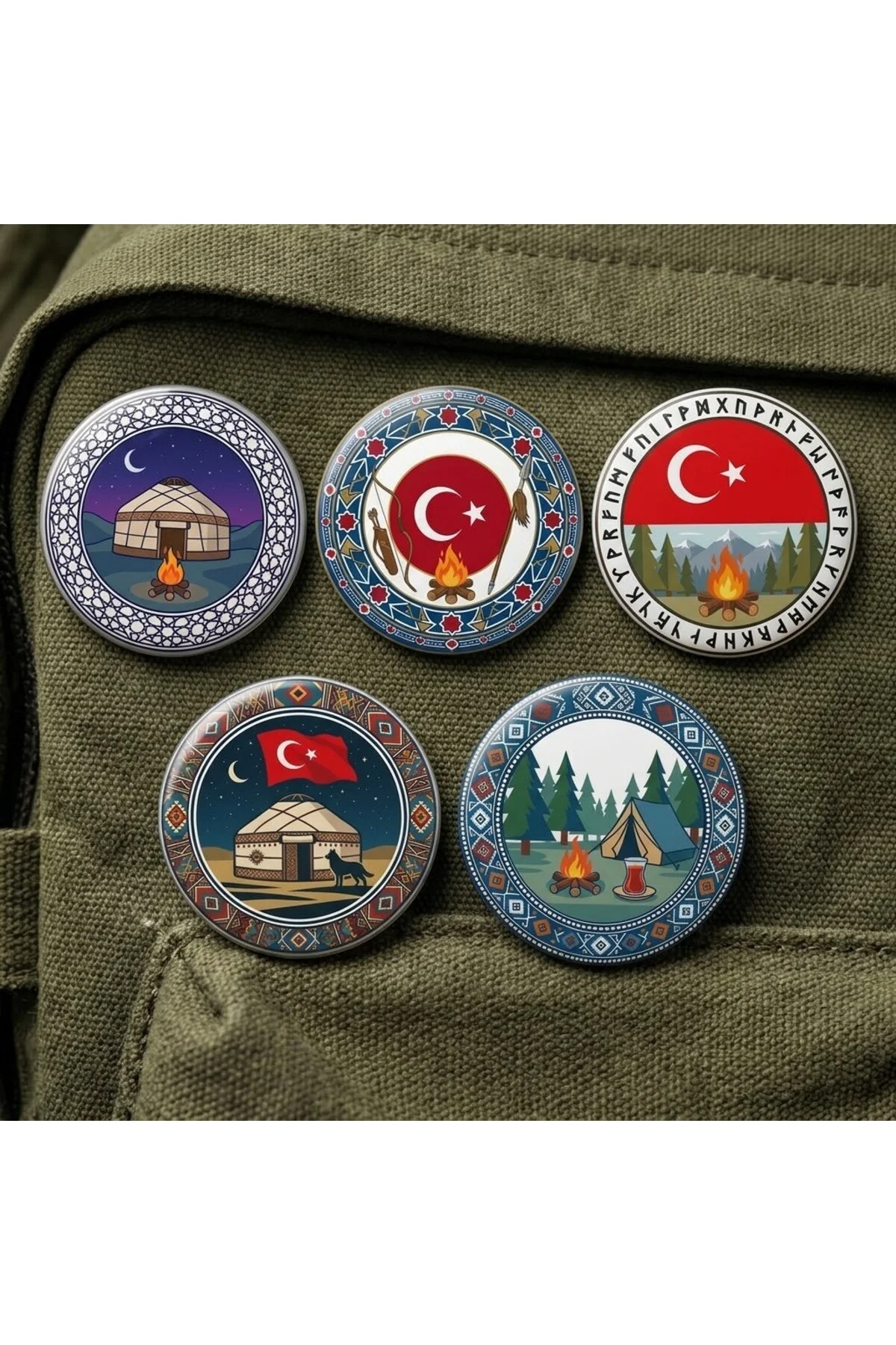 Geleneksel Türk Otağı ve Doğa Kampı Temalı 5'li Paket 58mm Buton Rozeti Seti