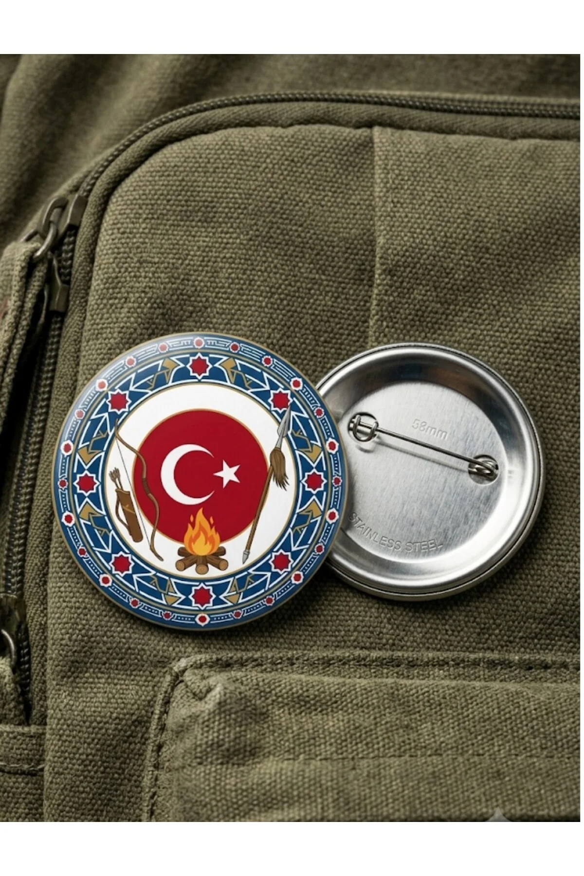 Ay Yıldız Madalyon Kamp Ateşi Savaşçı Ok ve Tütsü Sembollü Selçuklu 58mm Buton Rozeti