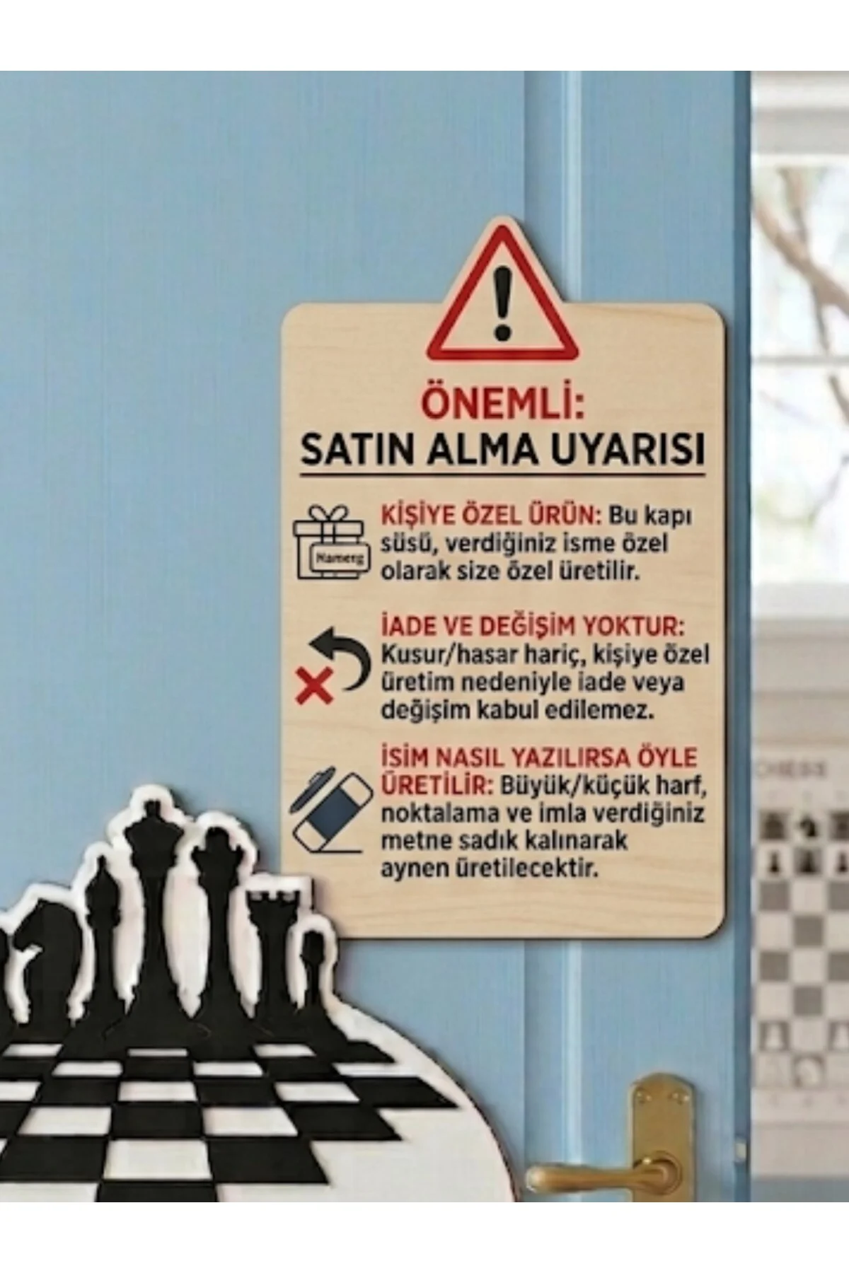 Kişiye Özel Satranç Temalı Ahşap MDF İsimli Çocuk Odası ve Sınıf Kapı Süsü - Fikart Görsel 5