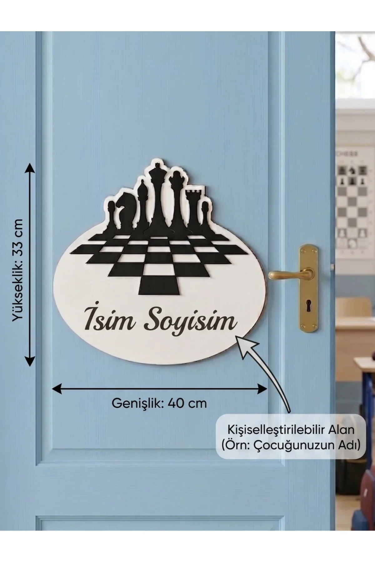 Kişiye Özel Satranç Temalı Ahşap MDF İsimli Çocuk Odası ve Sınıf Kapı Süsü - Fikart Görsel 4