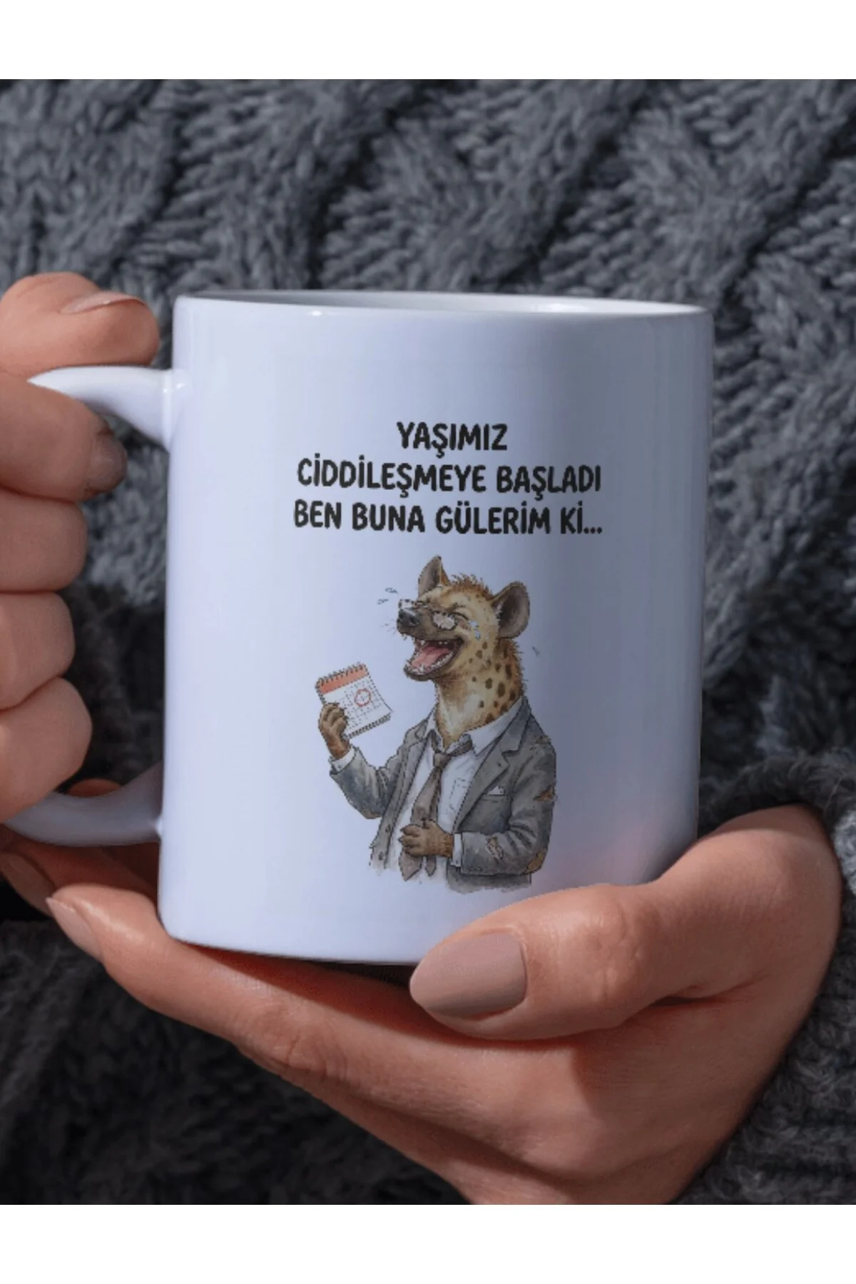 "Yaşımız Ciddileşmeye Başladı Ben Buna Gülerim Ki..." Yazılı Gülen Sırtlan Tasarımlı Kupa - Fikart Görsel 2