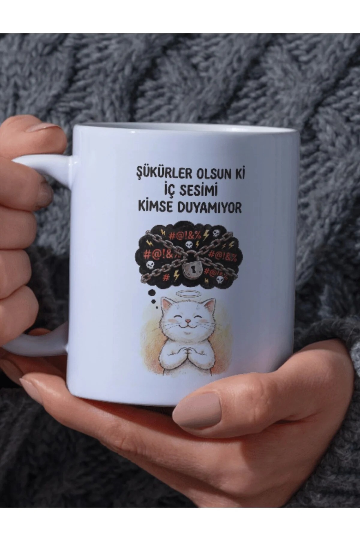 "Şükürler Olsun Ki İç Sesimi Kimse Duyamıyor Yazılı Melek Görünümlü Kedi Tasarımlı Kupa - Fikart Görsel 2