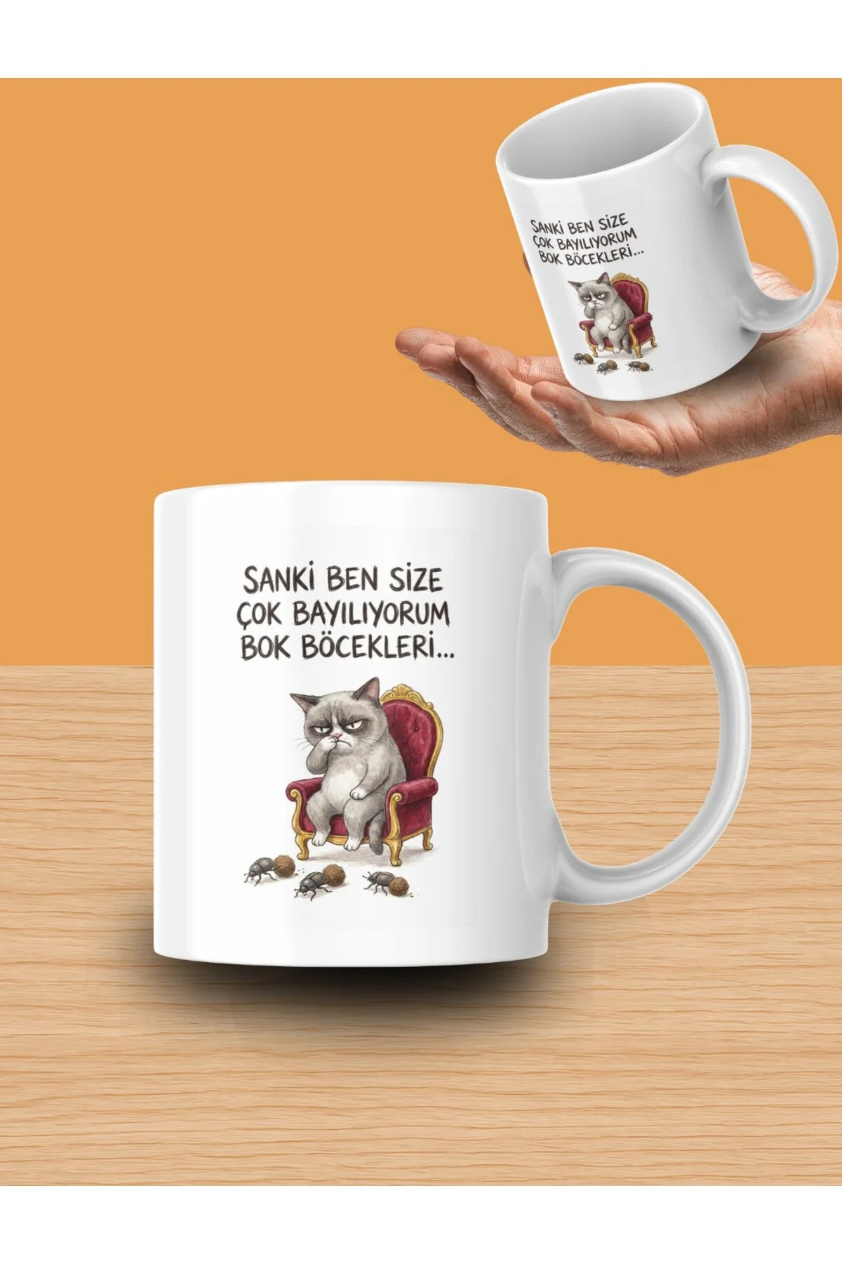 "Sanki ben size çok bayılıyorum bok böcekleri..." Yazılı Sarkastik Kedi Tasarımlı Kupa