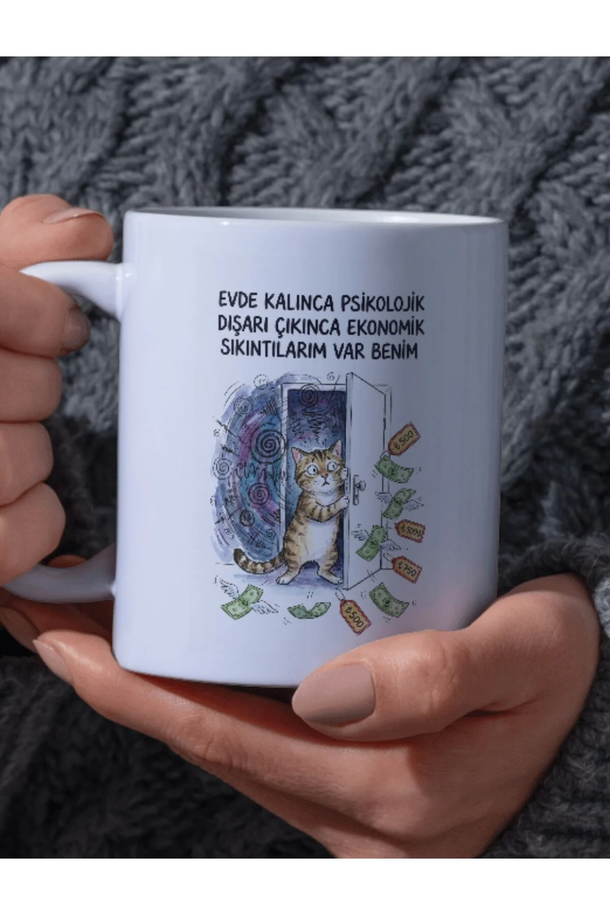 "Evde Kalınca Psikolojik Dışarı Çıkınca Ekonomik Sıkıntılarım Var Benim" Yazılı Kupa Bardak - Fikart Görsel 2