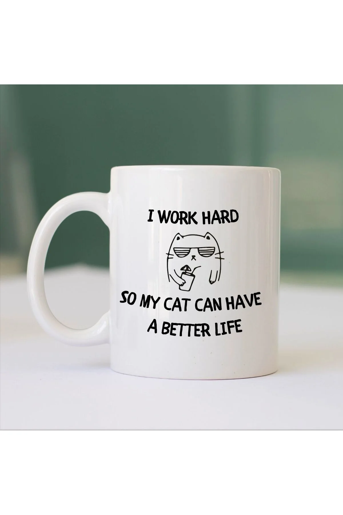 Kedi I Work Hard Yazılı Baskılı Kupa Bardak - Ceylin Hobi Hediyelik
