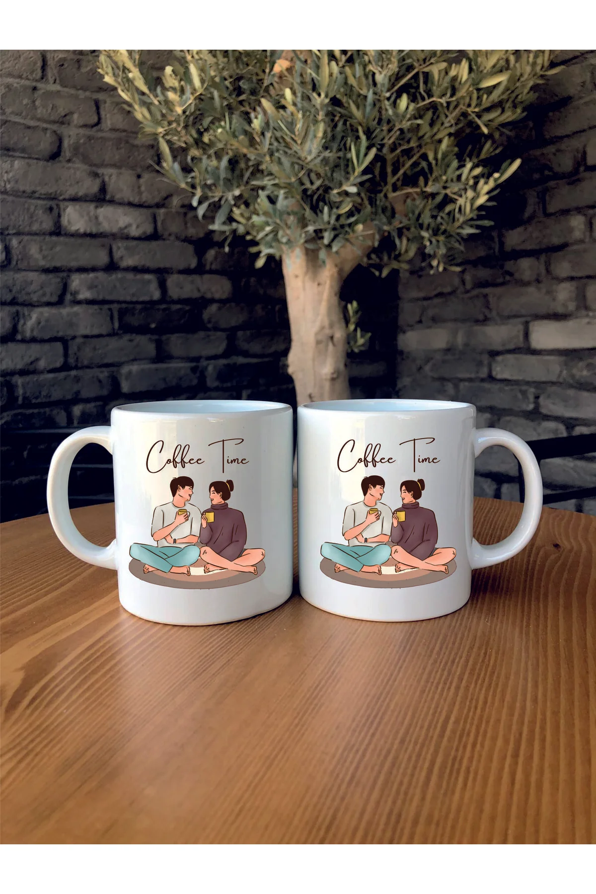 Cofee Çift Resimli Yazılı Kişiye Özel Isim Yazılı Çift Bardağı Bohem Seramik Kupa Bardak