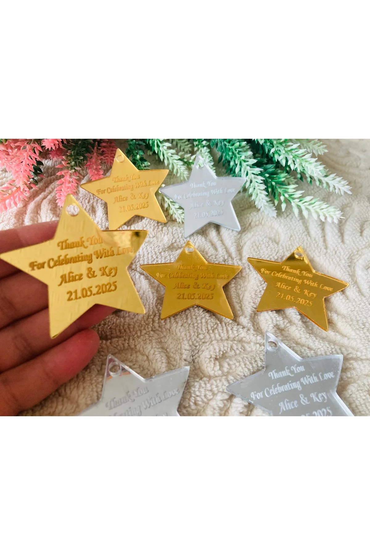 10 ADET PLEKSİ YAZILI YILDIZ GOLD GÜMÜŞ 5 CM DELİKLİ - guluslazerkesim Görsel 2