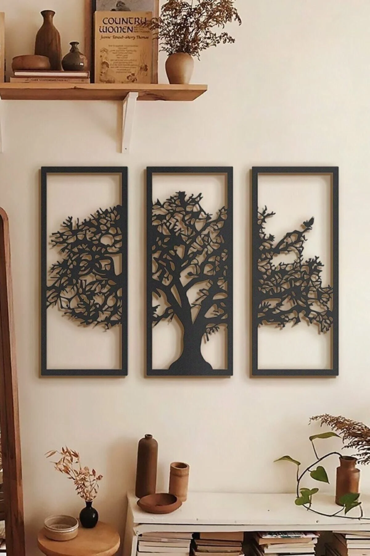 Son Bahar 3'lü Siyah Çınar Ağacı Ahşap Tablo 33x13cm Dekorasyon Salon Ofis Tasarım Leaf Dekoratif - VOİVA Görsel 3