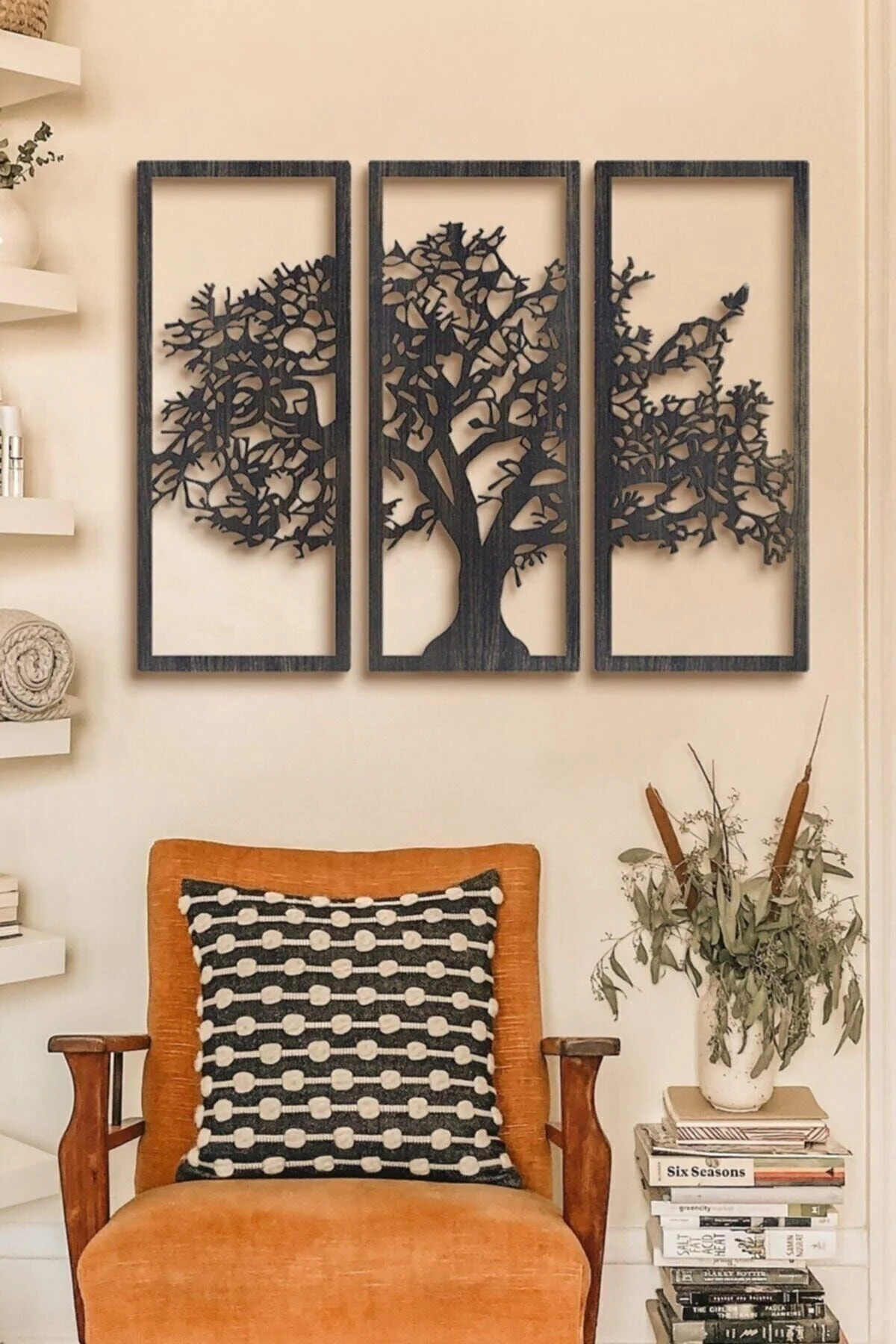 Son Bahar 3'lü Siyah Çınar Ağacı Ahşap Tablo 33x13cm Dekorasyon Salon Ofis Tasarım Leaf Dekoratif