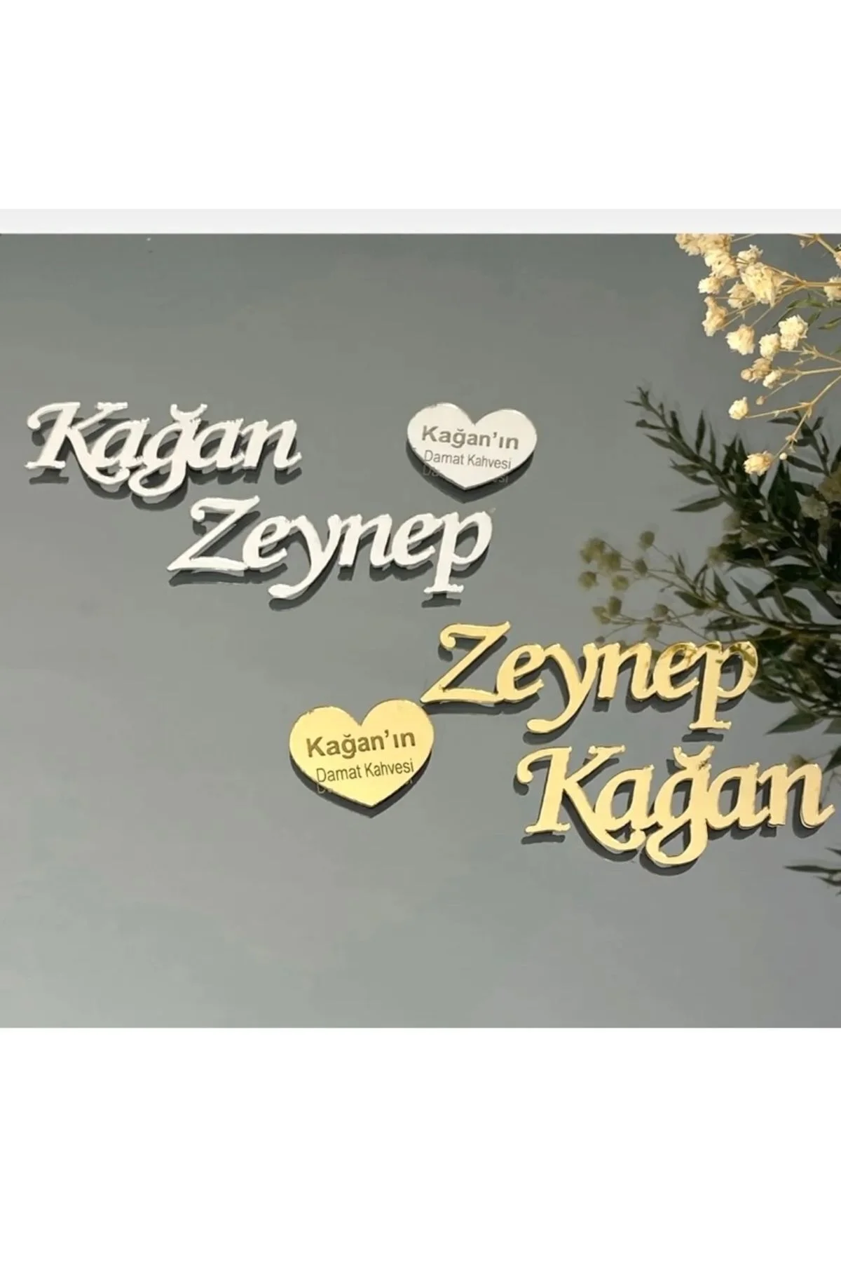 Pleksi İsim Çift Tek Damat Kahve Fincanı Kalp Lazer Kesim Altın ve ya Gümüş Renk - GÜVEN