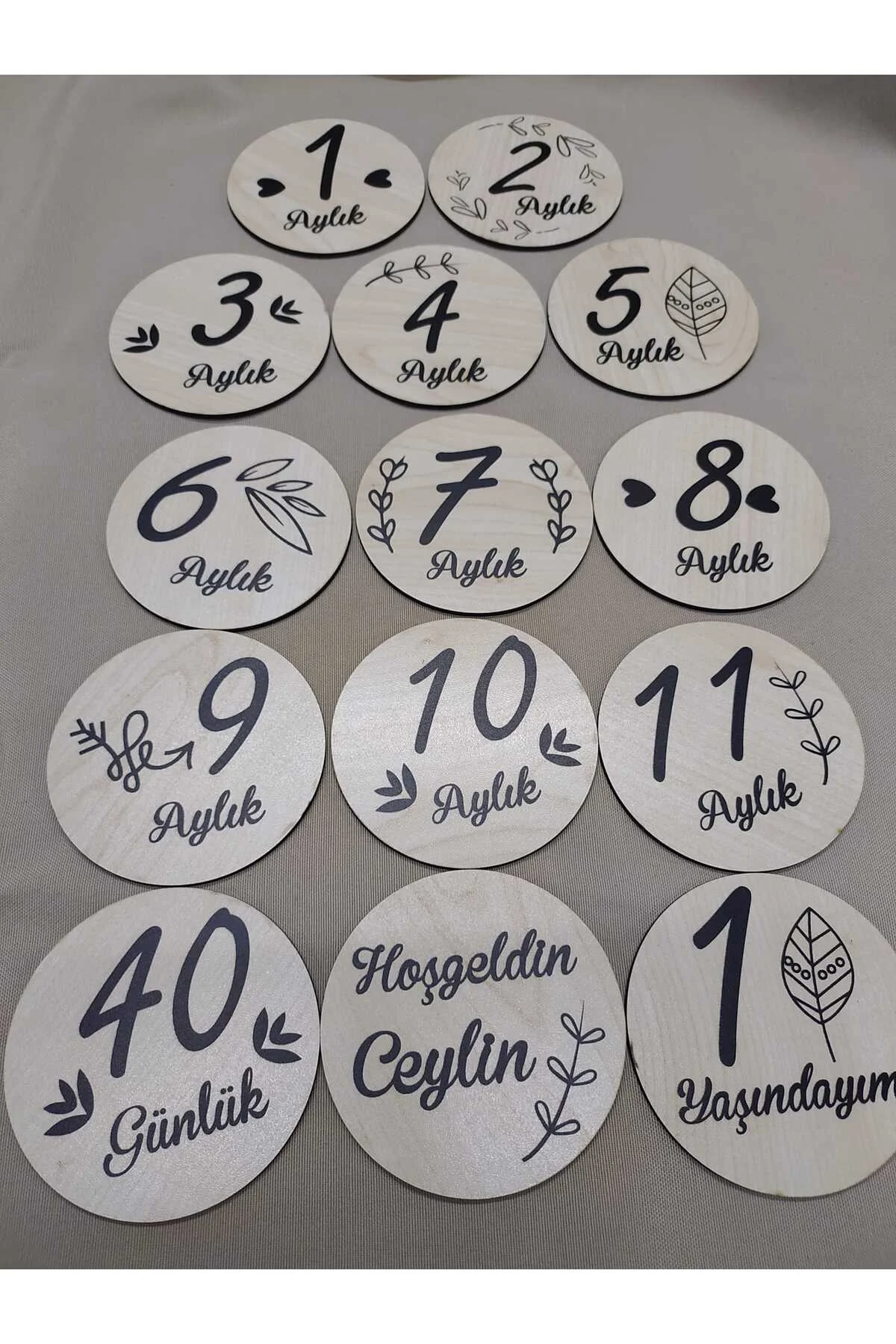 isim yazılı , 12 Aylık Plak Seti Ahşap Bebek Fotoğraf Kartları , ilklerim seti , anı kartları - Ceylin Hobi Hediyelik Görsel 2